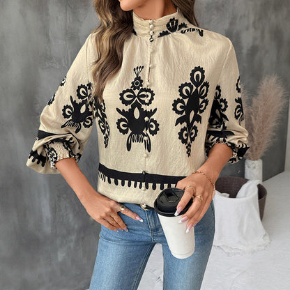 Damen Bluse Botanischer Druck Puffärmel Eveloria - Eveloria