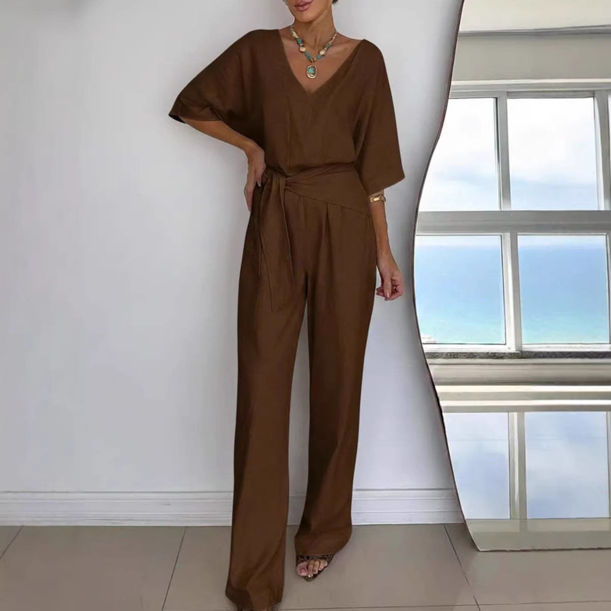 Damen Jumpsuit Tailliert Wickelgürtel Eveloria