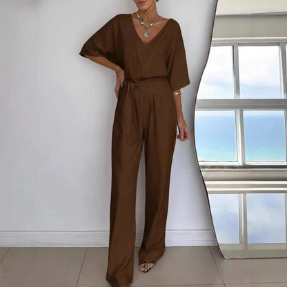 Damen Jumpsuit Tailliert Wickelgürtel Eveloria