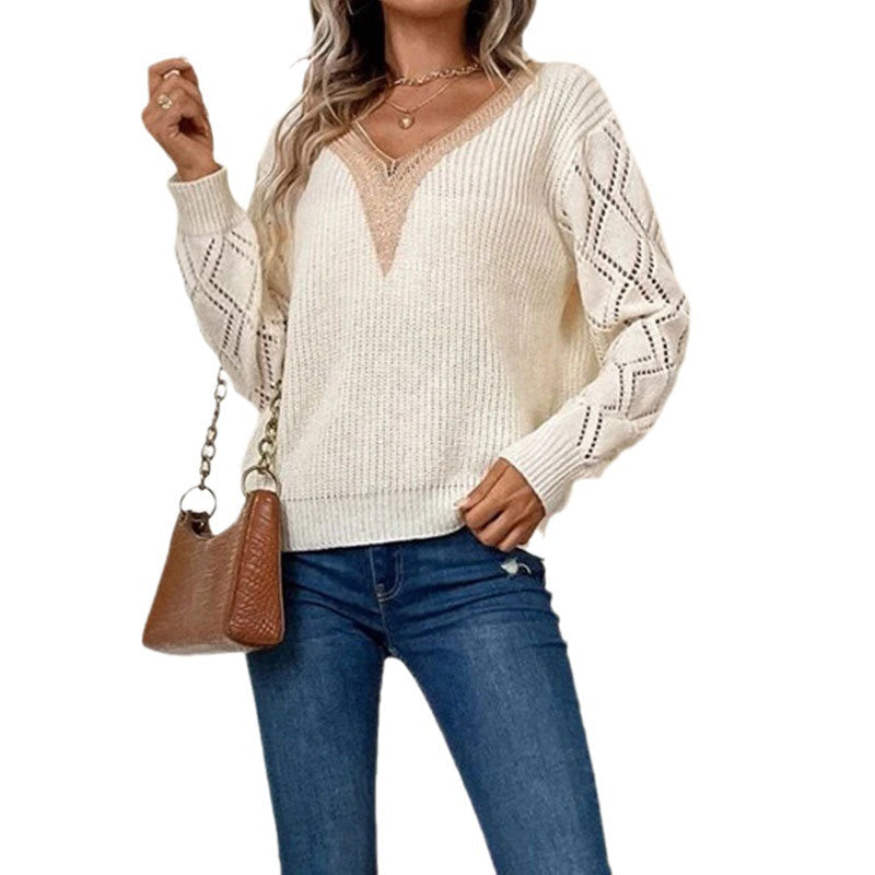 Damen Strickpullover V-Ausschnitt Eingrifftaschen Eveloria