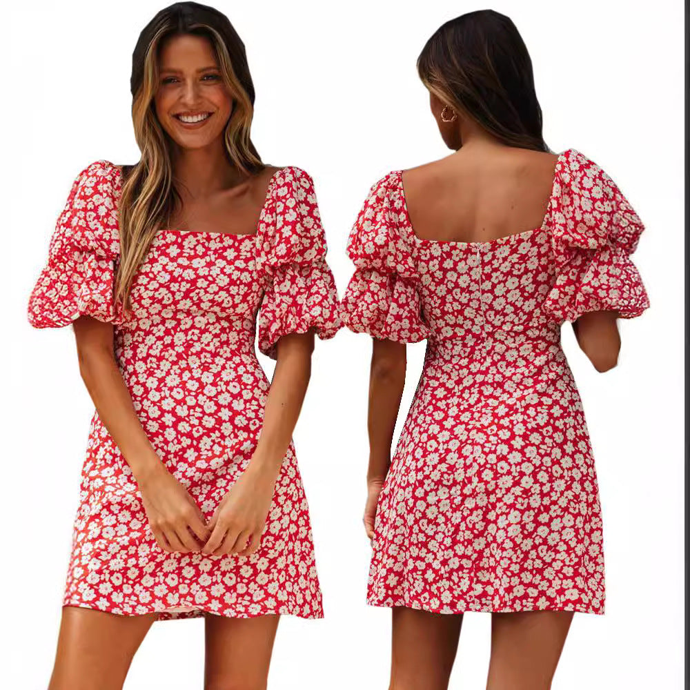 Damen Minikleid Puffärmel Floralmuster Eveloria