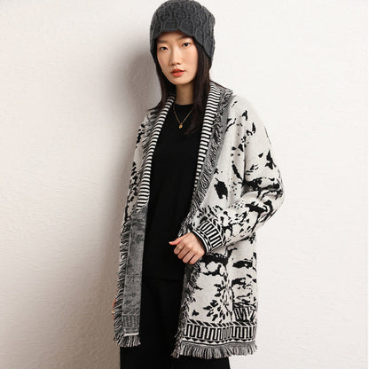 Damen Strickjacke Grafisches Muster Fransen