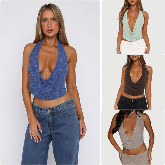 Damen Cowl-Neck mit Glitzer Effekt und tiefem Ausschnitt - Eveloria