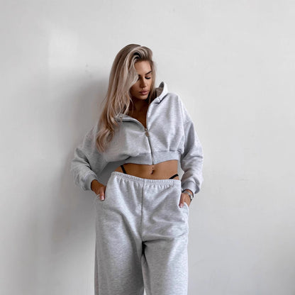 Damen Fleece-Loungewear-Set Weich Cropped Design