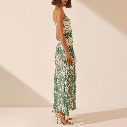Damen Maxikleid Schulterfrei Rüschen Floral