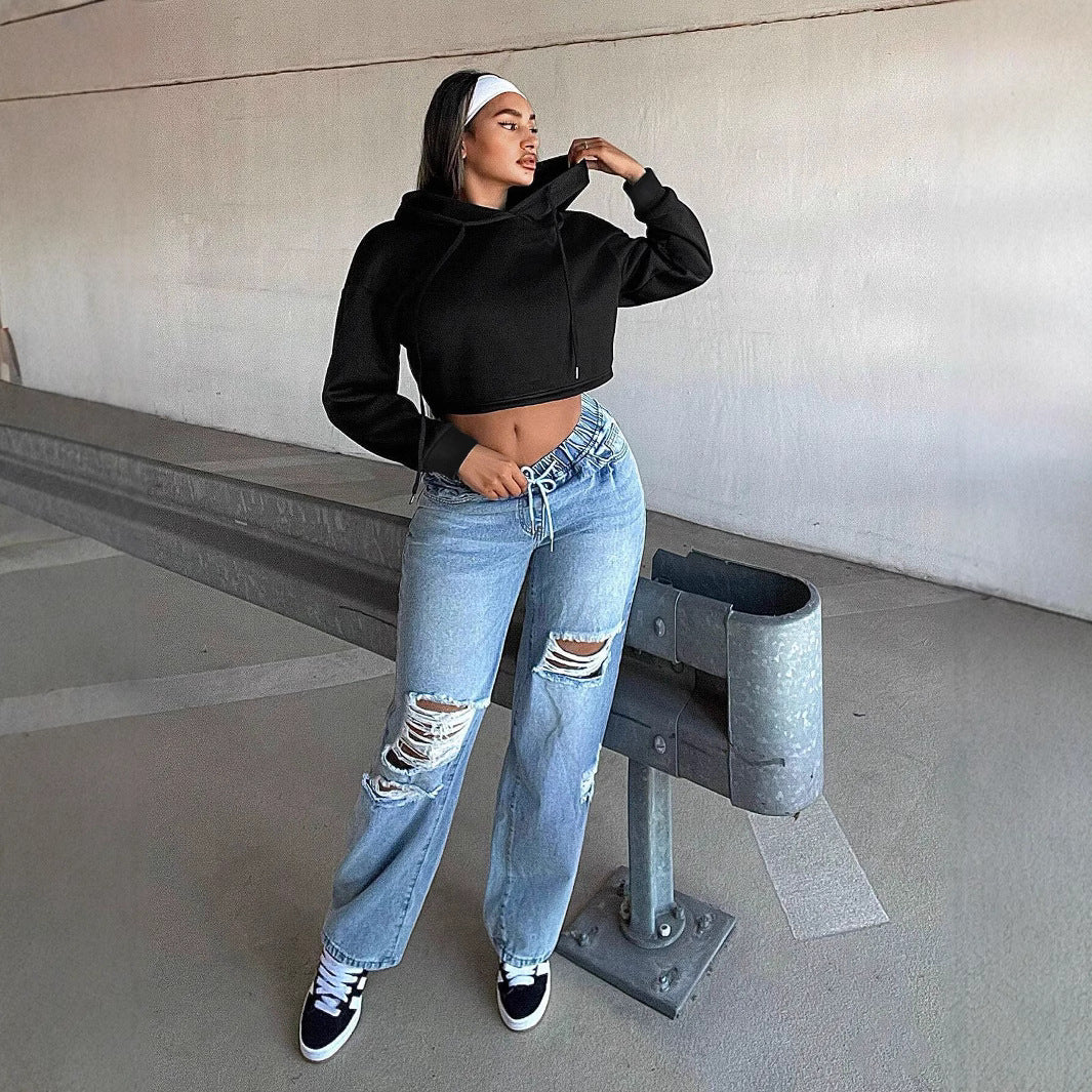 Damen Cropped Sweatshirt Locker Kapuze Grau Eveloria