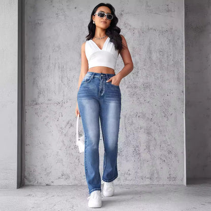 Damen High Waist Jeans Flare Bein aus Stretchdenim