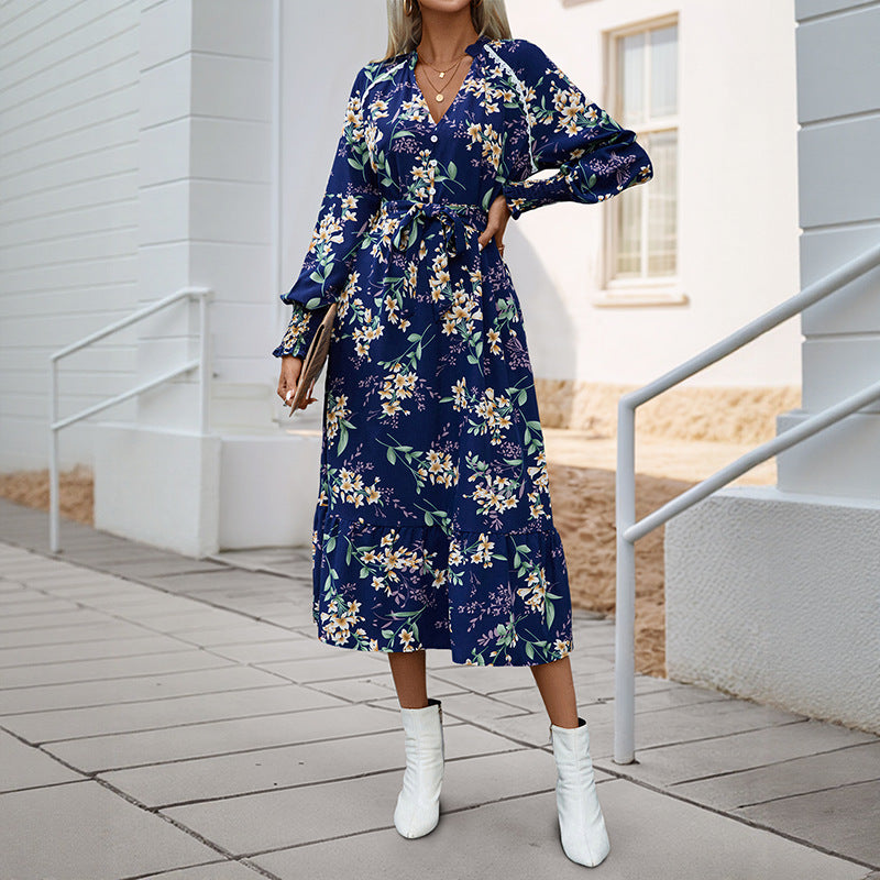 Damen Wickelkleid Floral Muster Voluminöse Ärmel Eveloria