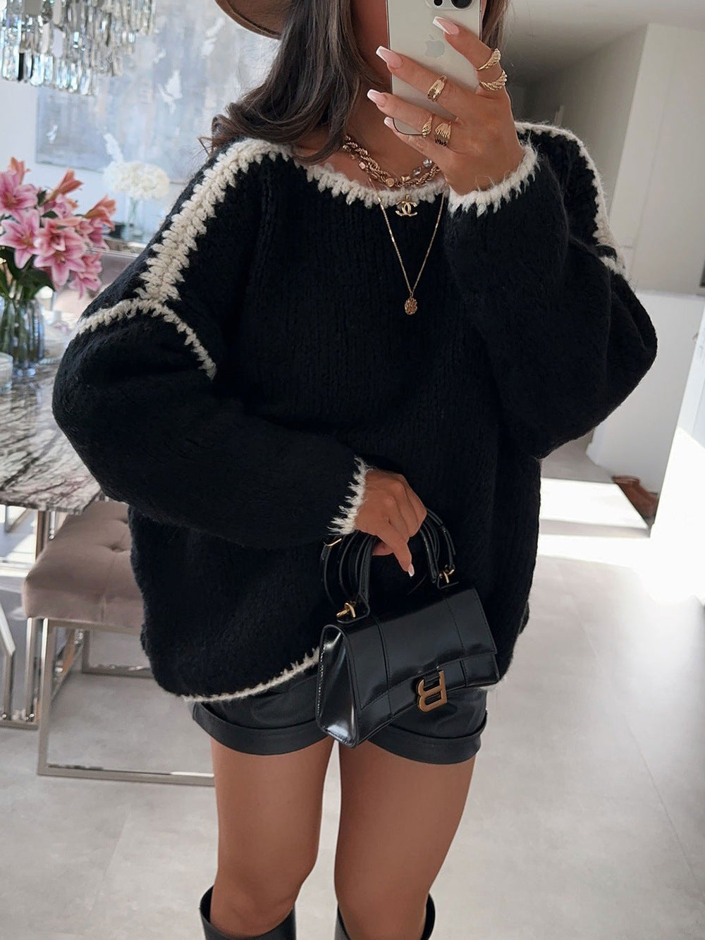Damen Oversized Strickpullover KontrastAkzente