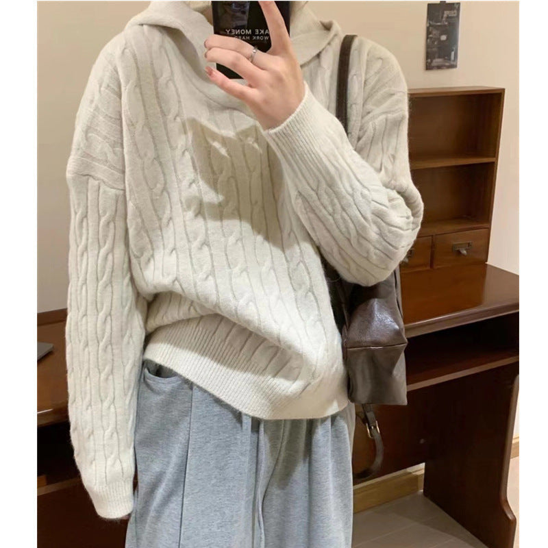 Damen Strickpullover Kapuze Zopfmuster Kuschelig Grau Eveloria
