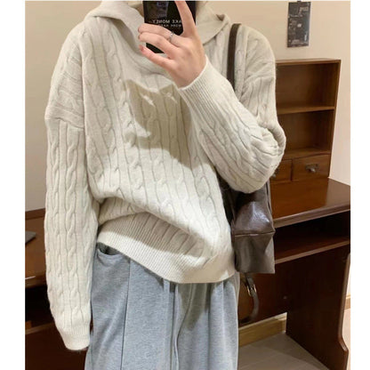 Damen Strickpullover Kapuze Zopfmuster Kuschelig Grau Eveloria