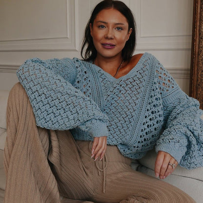 Damen Strickpullover V-Ausschnitt Oversized Ärmel Luftig - Eveloria