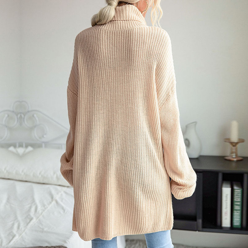 Damen Strickpullover Hochkragen Dekorativer Taillengürtel