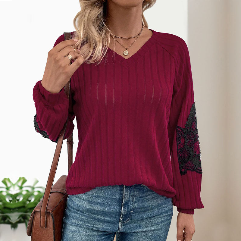 Damen Pullover V-Ausschnitt Spitze Ärmel Schwarz Eveloria - Eveloria