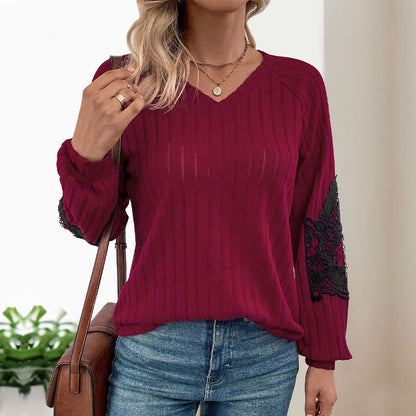 Damen Pullover V-Ausschnitt Spitze Ärmel Schwarz Eveloria - Eveloria