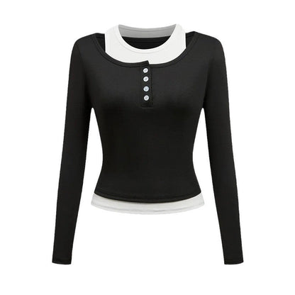 Damen Langarmshirt Knopfverschluss Schleife Weiss Eveloria
