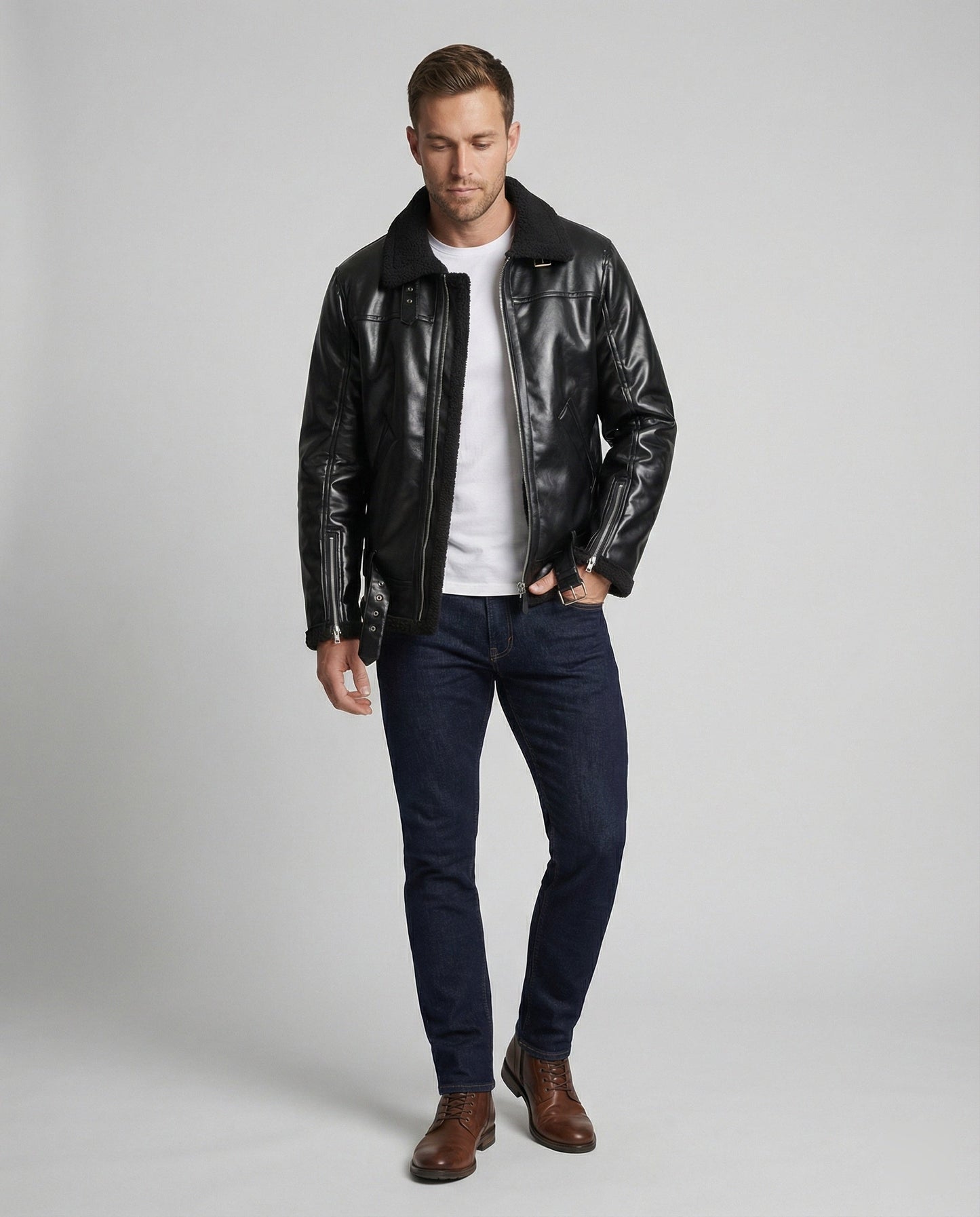 Herren Lederjacke Kunstleder Mit Kragen