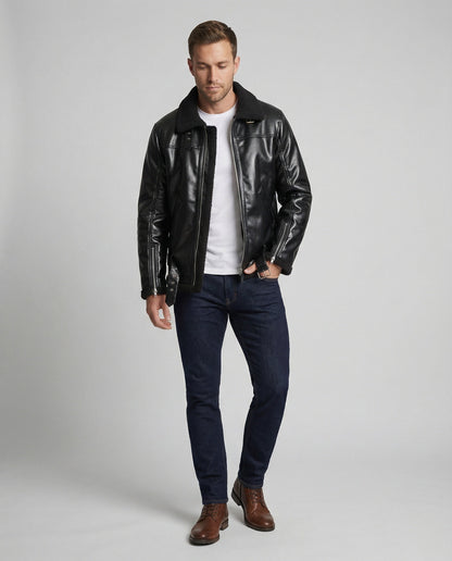Herren Lederjacke Kunstleder Mit Kragen