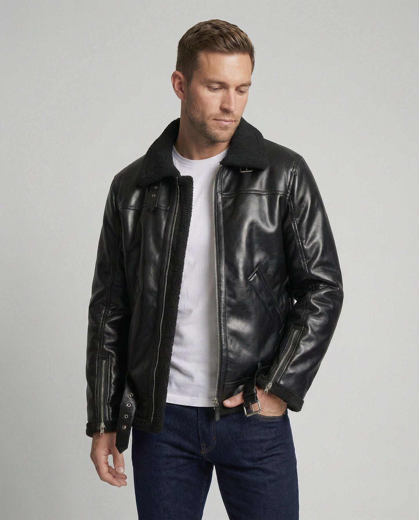 Herren Lederjacke Kunstleder Mit Kragen