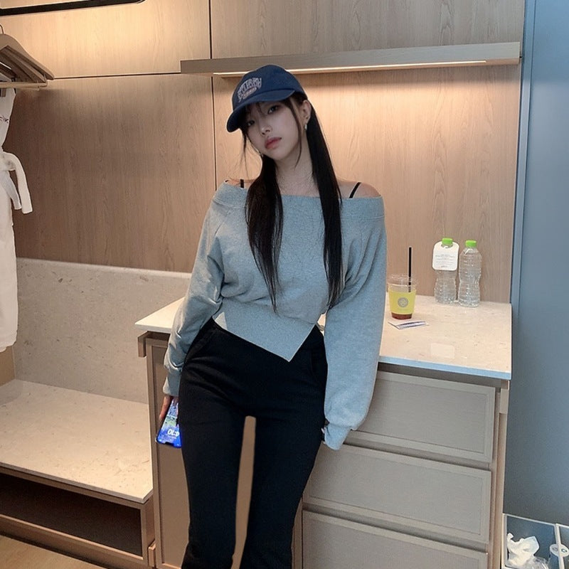 Damen Cropped Sweatshirt Asymmetrischer Saum Grau Eveloria