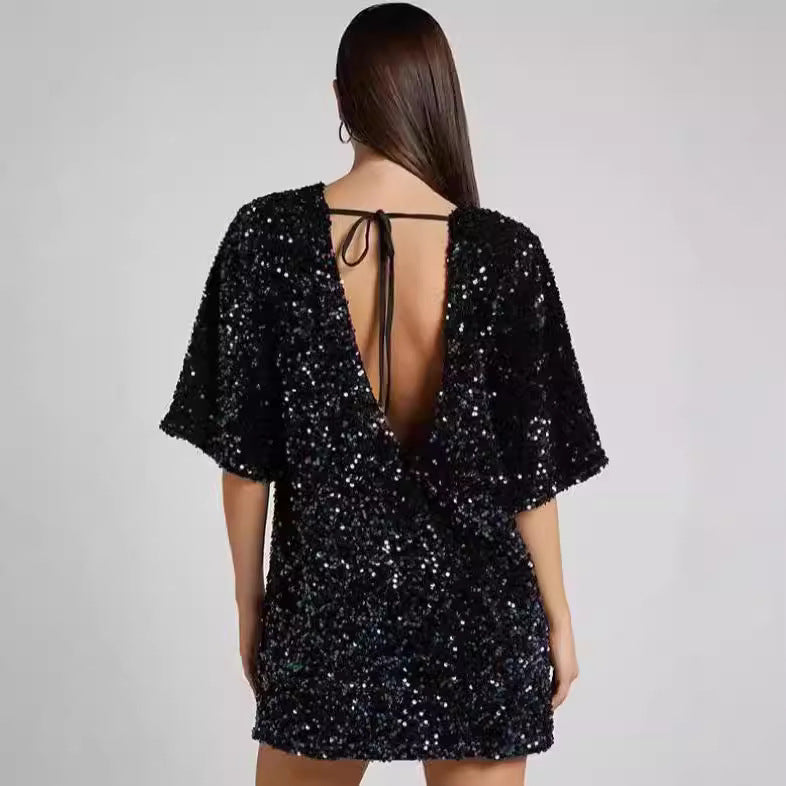 Damen Pailletten-Kleid Lockere Ärmel Rundhalsausschnitt