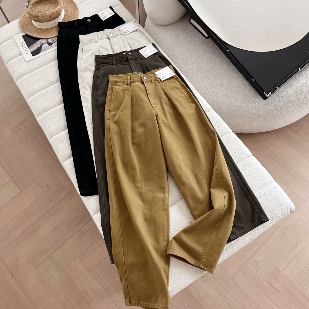 Damen Chino-Hose Hochtailliert Mit Taschen Beige