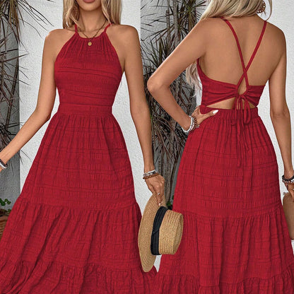 Damen Maxi-Kleid Offener Rücken Voluminöser Rüschensaum Eveloria