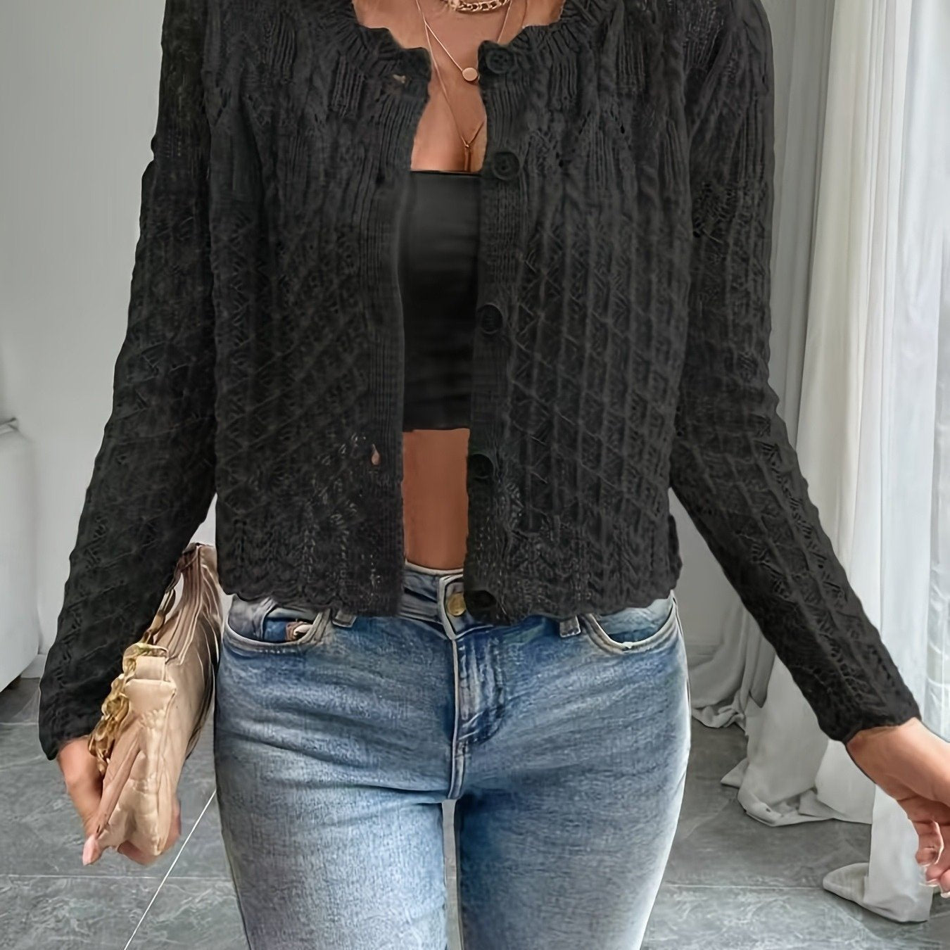 Damen Strickjacke Häkelstruktur Knopflos Beige