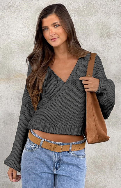 Damen Wickelpullover V-Ausschnitt Voluminöse Ärmel Eveloria