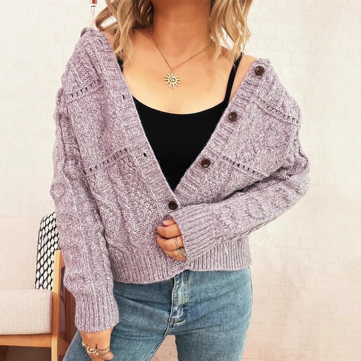 Damen Strickjacke Strukturiertes Zopfdesign Knopfverschluss Eveloria
