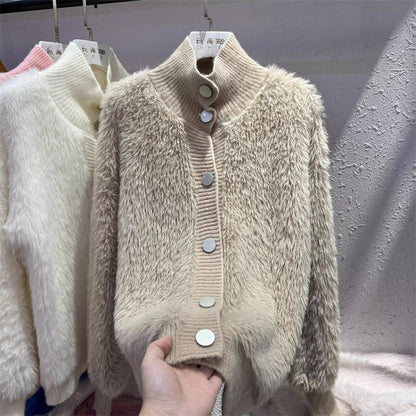 Damen Strickjacke Kuschelig Knopfverschluss Hochkragen Beige