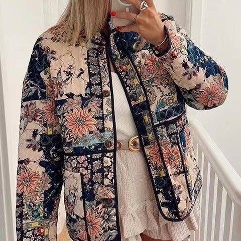 Damen Steppjacke Florales Design Praktische Taschen