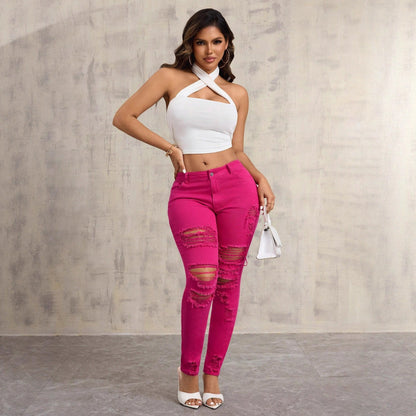 Damen Skinny Jeans Destroyed Hochbund Dunkelblau Eveloria - Eveloria