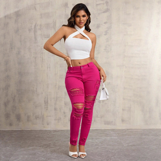 Damen Skinny Jeans Destroyed Hochbund Dunkelblau Eveloria - Eveloria