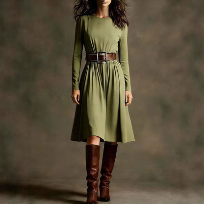 Damen Elegantes Kleid Langarm Taillengürtel Eveloria