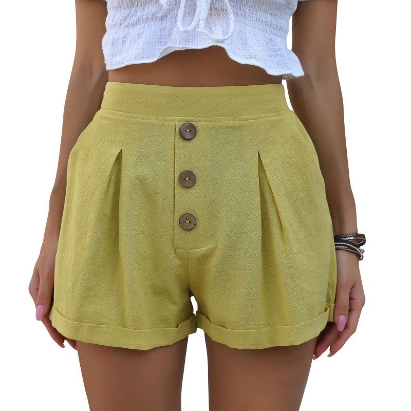 Damen Baumwollshorts Luftig Dekorative Knopfleiste Beige