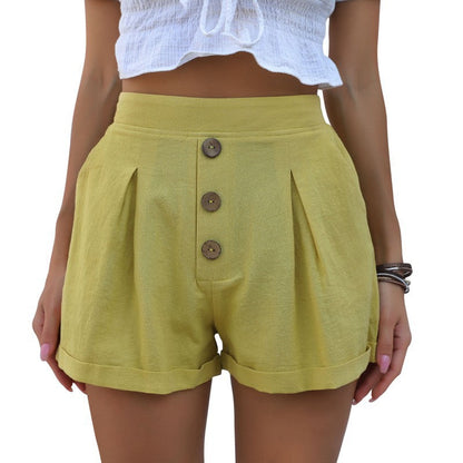 Damen Baumwollshorts Luftig Dekorative Knopfleiste Beige