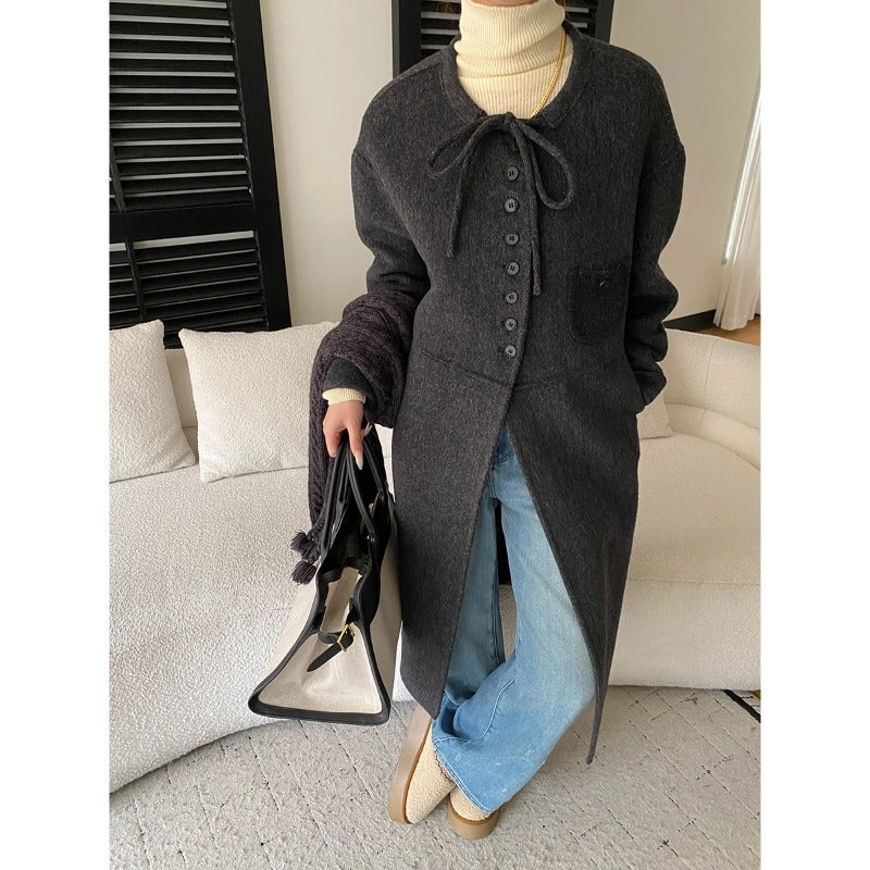Damen Wolljacke Lang Knopf- und Kordelzugdetails Braun