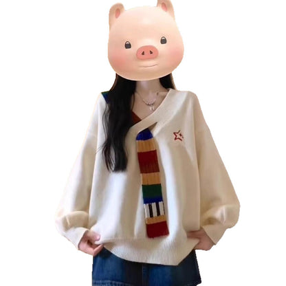 Damen Pullover V-Ausschnitt Bunt Streifen
