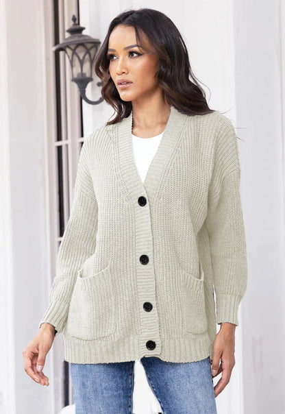 Damen Cardigan Grobstrick mit großen Taschen V-Ausschnitt Beige