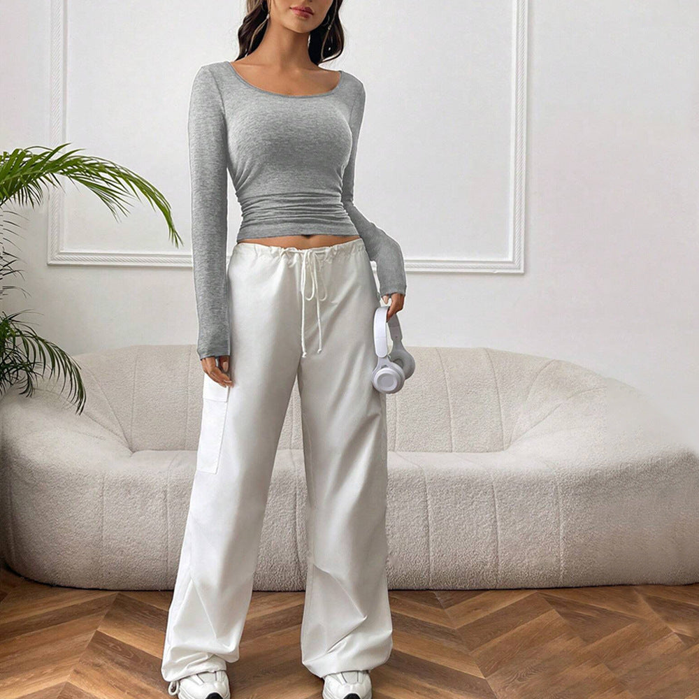 Damen Cropped Langarmshirt Figurbetonter Stoff Raffungselemente