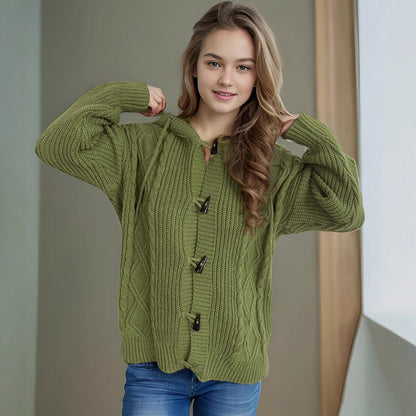 Damen Grobstrick Cardigan mit Zopfmuster und Kapuze Beige
