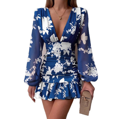 Damen Cocktailkleid V-Ausschnitt Puffärmel Eveloria