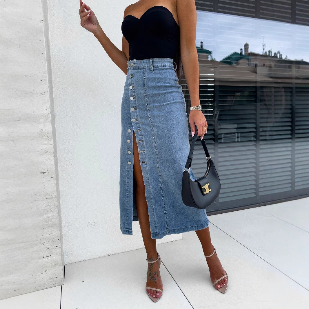 Damen Denim-Rock Lang Mit Seitlichem Schlitz Blau