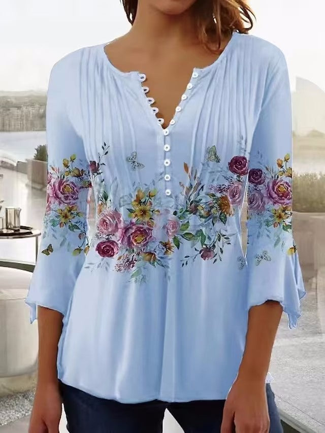Damen Bluse Floralmuster Knopfdetail
