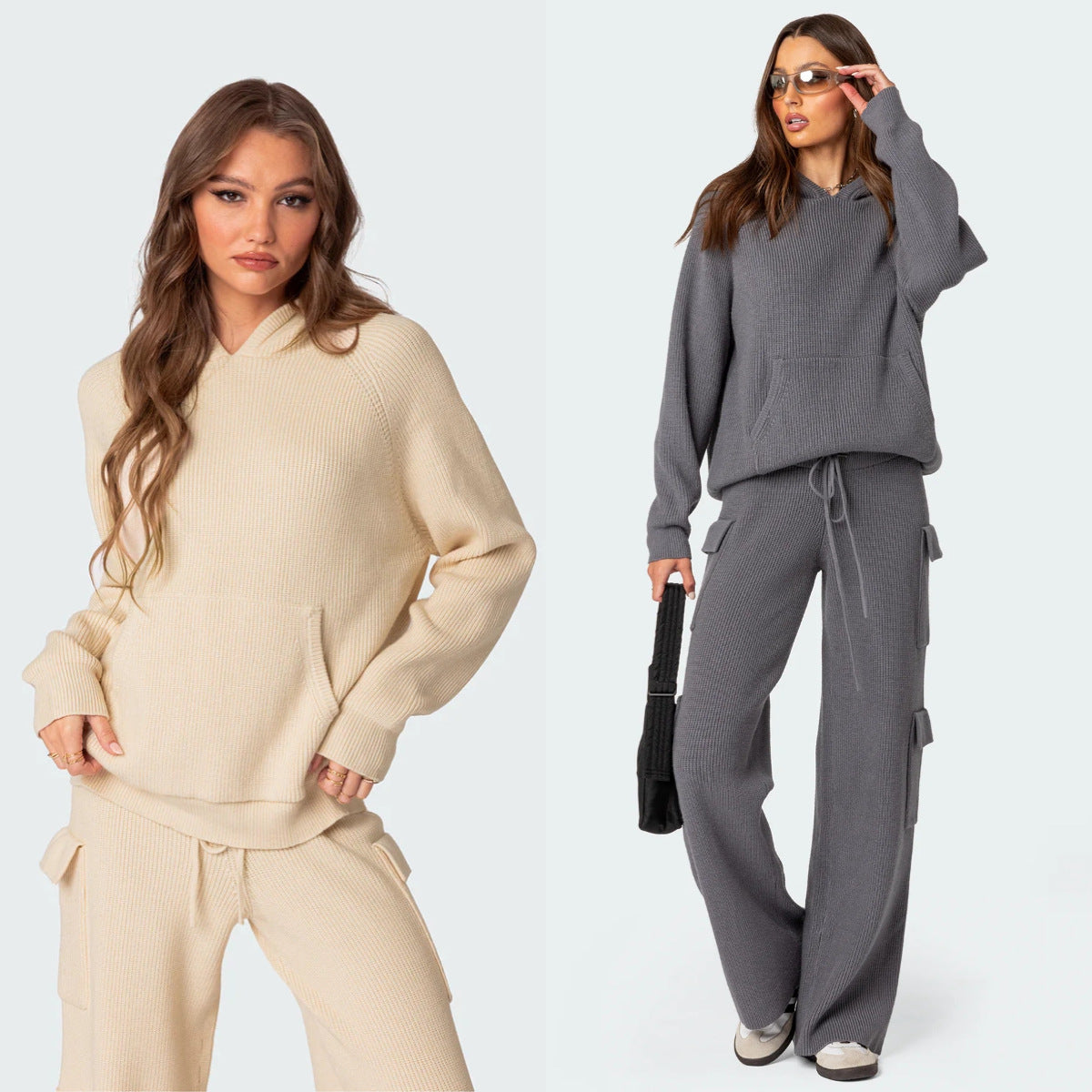 Damen Strickpullover mit Kapuze und Kängurutasche