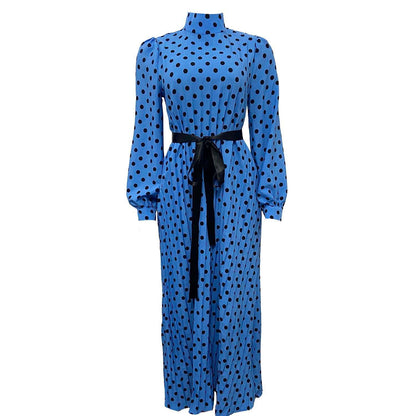 Damen Maxikleid Stehkragen Taillengürtel Elegant