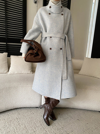 Damen Wollmantel Elegant Doppelter Knopfleiste Taillengürtel