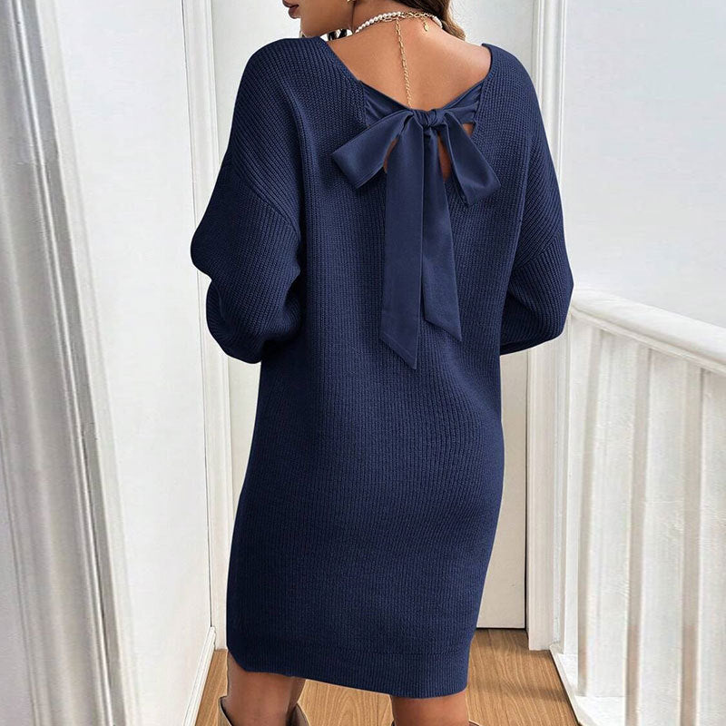 Damen Strickkleid Rückenausschnitt Schleife Eveloria