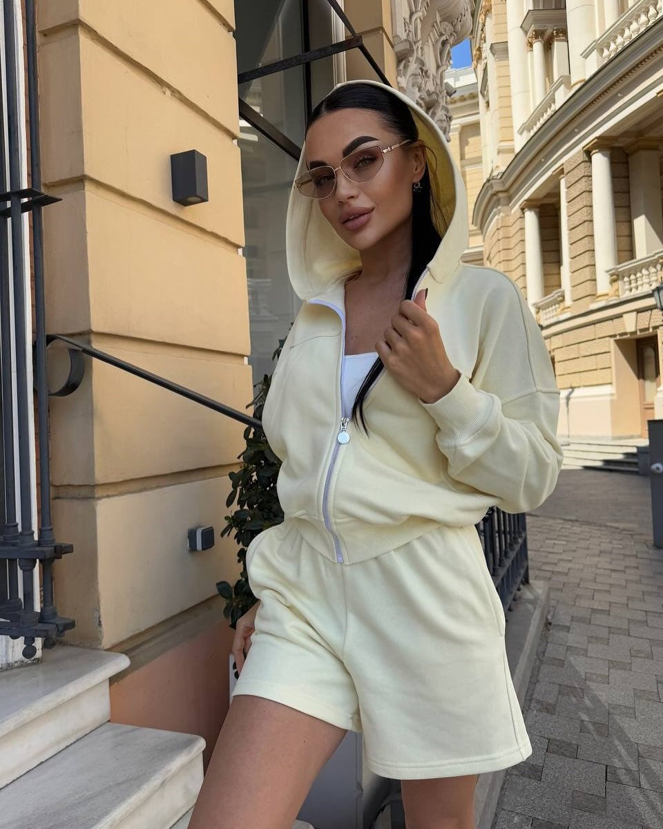 Damen Sportliches Zweiteiler-Set Kurzärmelige Jacke Lässige Shorts